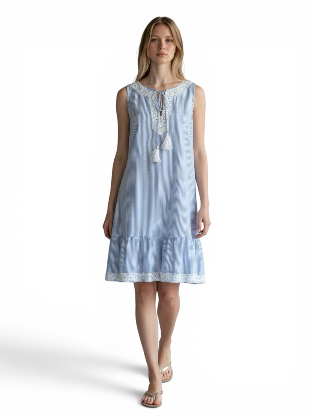 Sail to Sable Blue White Stripe Eyelet Tassel Shift Dress Small Coastal Preppy